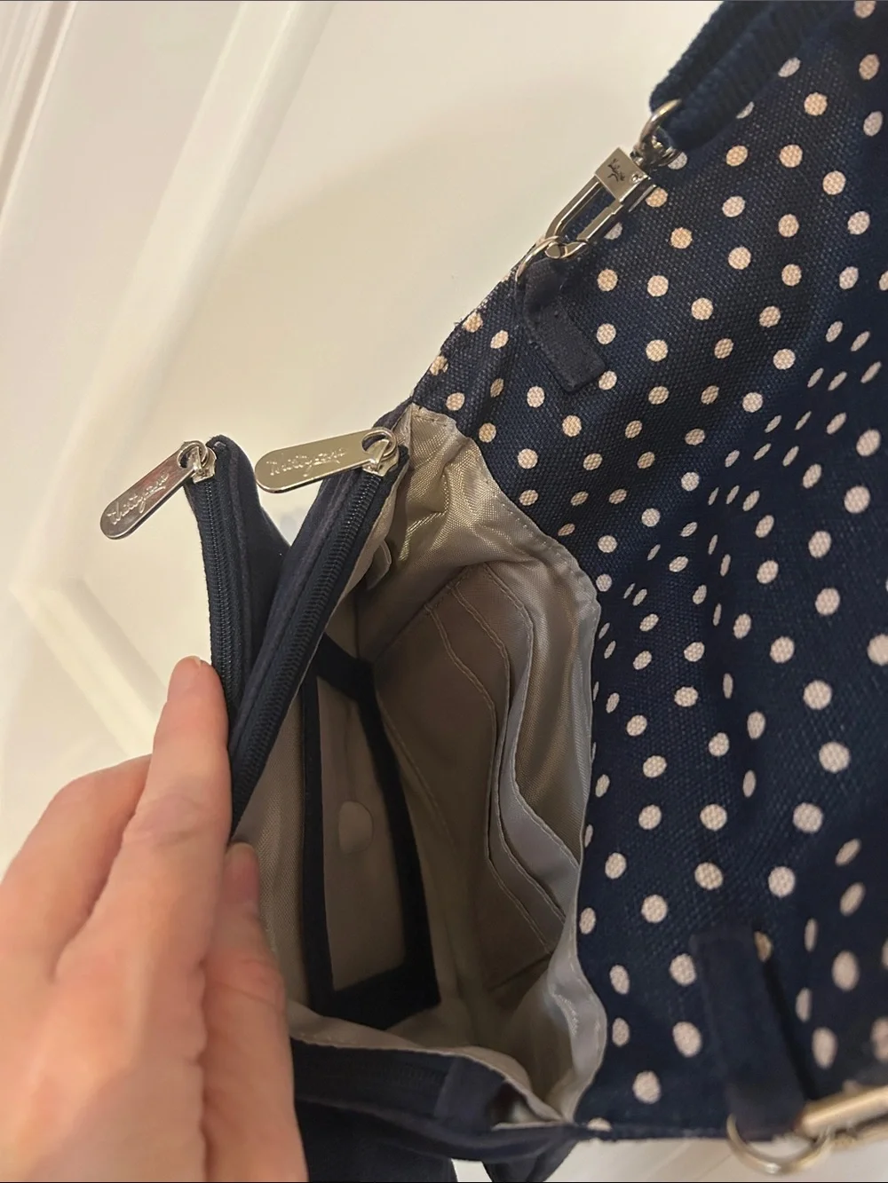 thirty-one Navy and White Polka Dot Crossbody with Adjustable Strap